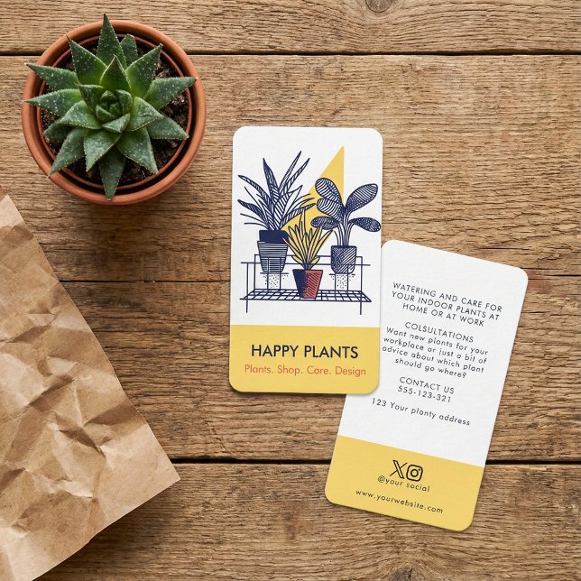 Carte De Visite Maison Moderne de Milieu de Siècle Plante Jaune et (Mid Century Modern House Plant Yellow and Blue Business Card.)