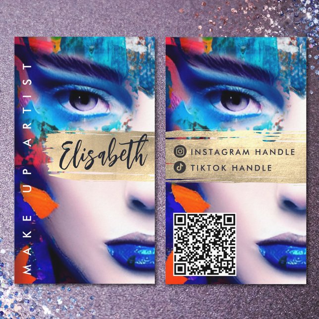 Carte De Visite Make Up Artist Ajouter QR Code & Social Media Colo (Créateur téléchargé)