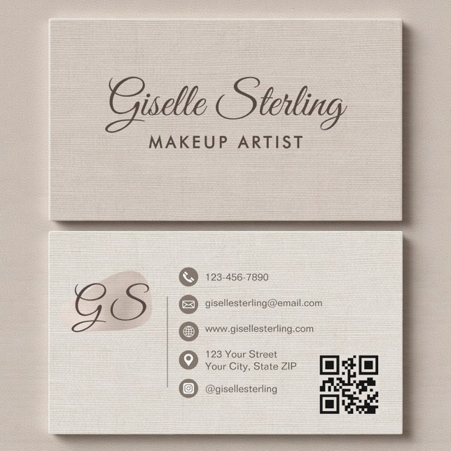 Carte De Visite Makeup Artist Beige Linen Modern Elegant QR Code (Créateur téléchargé)