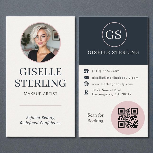 Carte De Visite Makeup Artist Blush & Navy Photo QR Code  (Créateur téléchargé)