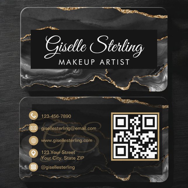 Carte De Visite Makeup Artist QR Code Black Gold (Créateur téléchargé)