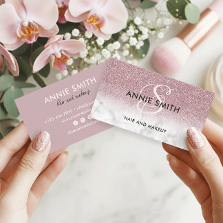 Carte De Visite Makeup Monogram Marble Rose Gold Glitter Ombre
