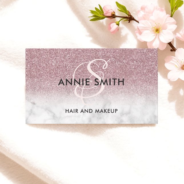 Carte De Visite Makeup Monogram Marble Rose Gold Glitter Ombre QR (Créateur téléchargé)