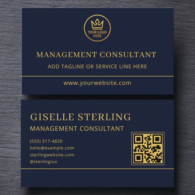 Carte De Visite Management Consultant Blue Gold Logo QR Code (Créateur téléchargé)
