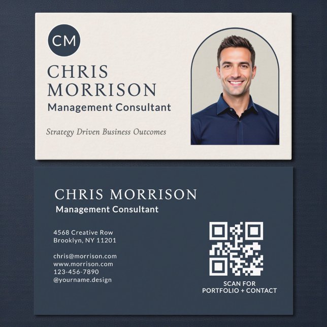 Carte De Visite Management Consultant Photo QR Code Navy Blue (Créateur téléchargé)