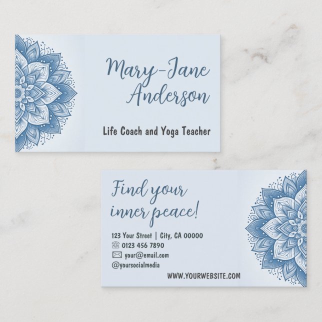 Carte De Visite Mandala Floral Design Yoga Studio Pastel Baby Blue (Devant / Derrière)