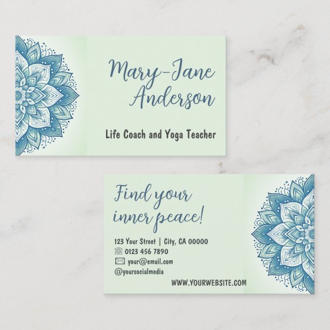 Carte De Visite Mandala Floral Design Yoga Studio Pastel Mint Turq (Devant / Derrière)