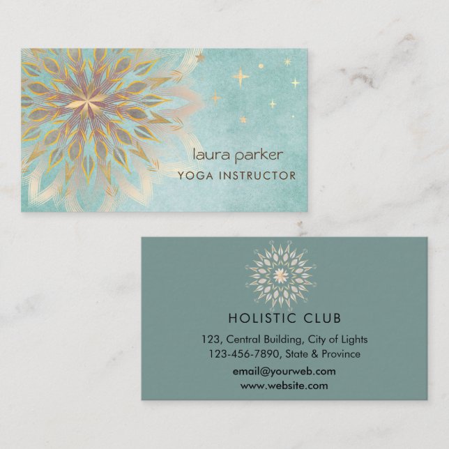 Carte De Visite Mandala Holistic Lotus Floral Zen Yoga Turquoise (Devant / Derrière)