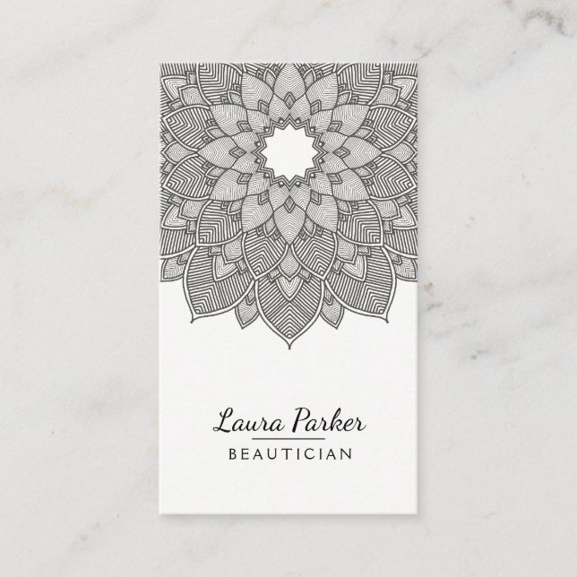 Carte De Visite Mandala Lotus Fleur Yoga Noir Blanc Propre (Devant)