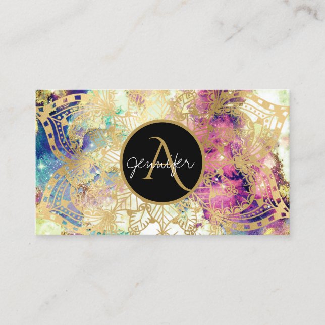 Carte De Visite Mandala moderne monogramme or nébuleuse aquarelle (Devant)