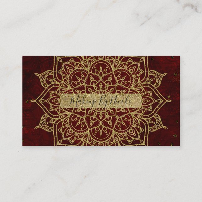 Carte De Visite Mandala Rouge Vin Profond & Glamour Doré Moderne C (Devant)