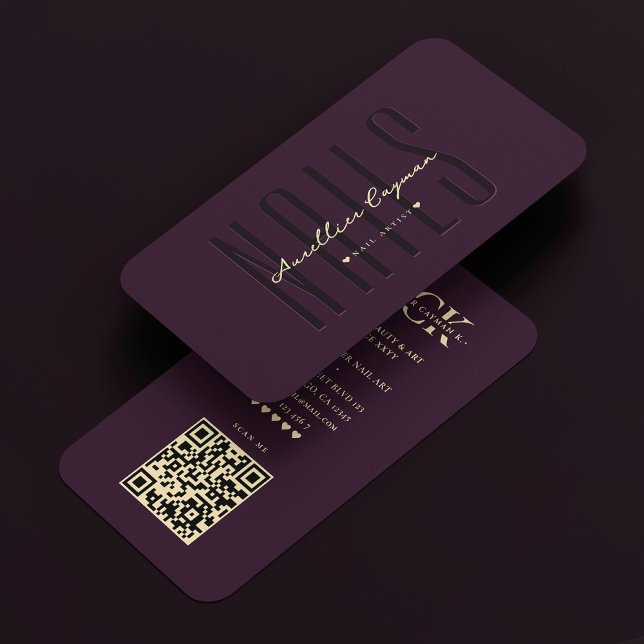Carte De Visite Manicuriste de couleur violet foncé (Nail Artist Dark Purple Manicurist Modern Monogram Business Card
)