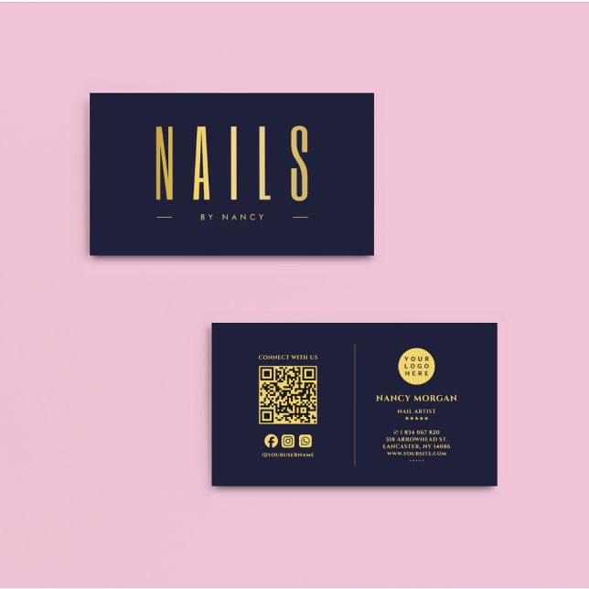 Carte De Visite Manicuriste Nail Tech Code QR Logo Marine & Gold (Créateur téléchargé)