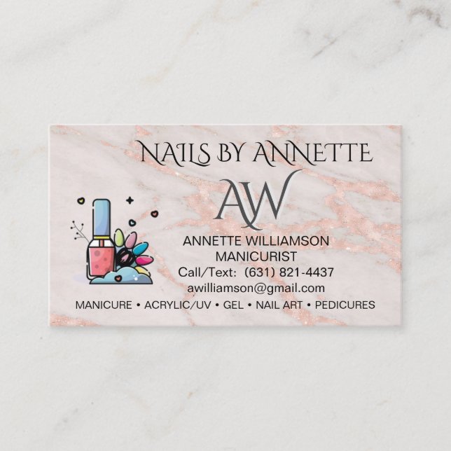 Carte De Visite Manicuriste Nail Technicien Rose Blush Marbre  (Devant)