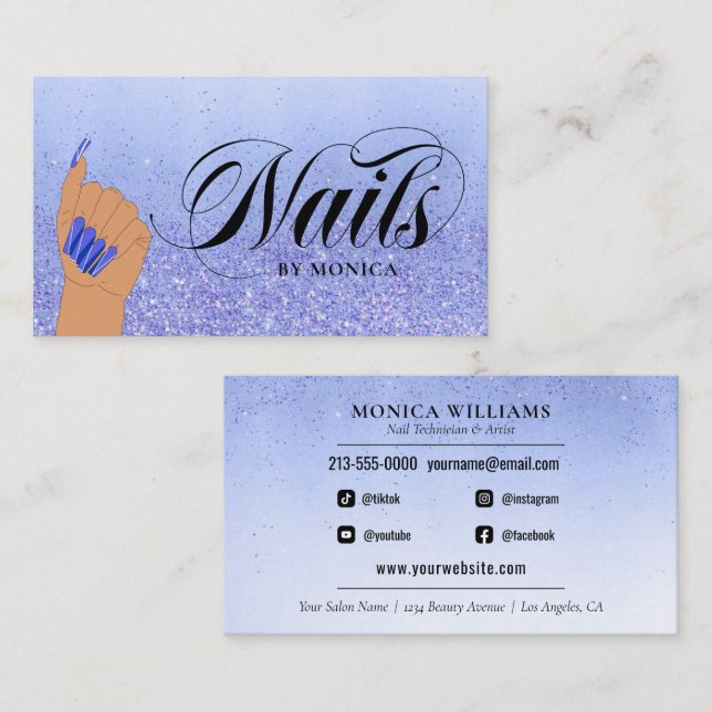 Carte De Visite Manicuriste ongle Tech Blue Glam Parties scintilla (Devant / Derrière)