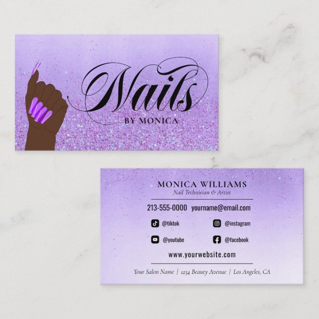 Carte De Visite Manucure à ongle Tech Purple Glam Parties scintill (Devant / Derrière)