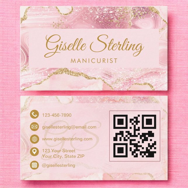 Carte De Visite Manucure Code QR Agate Rose Gold (Créateur téléchargé)