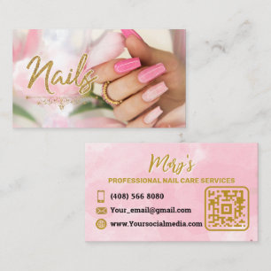 Carte De Visite Manucure minimaliste clous rose avec code QR
