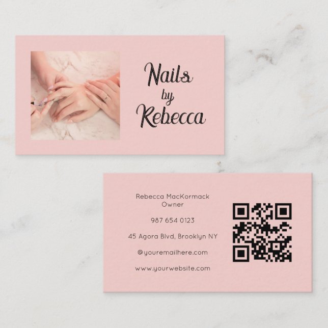 Carte de visite Manucureuse QR Code Rose Pâle Phot (Devant / Derrière)