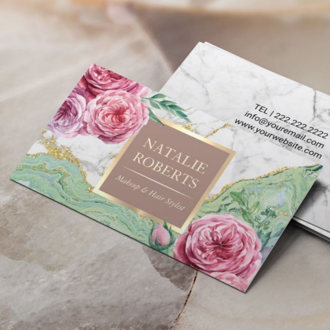 Carte De Visite Maquillage Artiste Coiffeur Salon Chic Floral Marb (Créateur téléchargé)