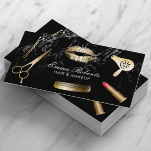 Carte De Visite Maquillage Artiste Coiffure Stylo Marbre Noir Mode
