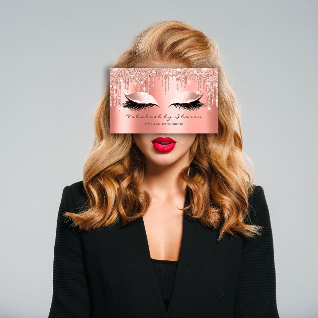 Carte De Visite Maquillage Artiste Eyes Lashes Parties scintillant (Makeup Artist Eyes Lashes Glitter Drips Rose Coral Business Card)