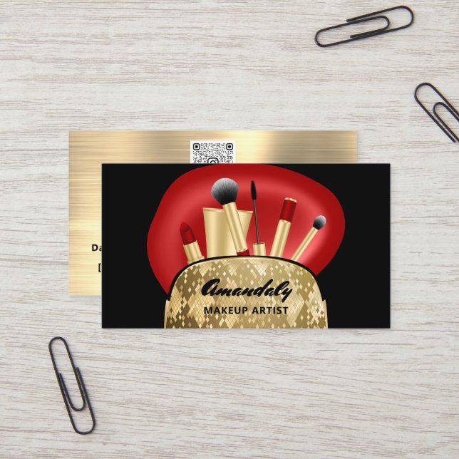 Carte De Visite Maquillage Artiste Gold QR Code Logo Brosses Rouge (Devant/Arrière en situation)