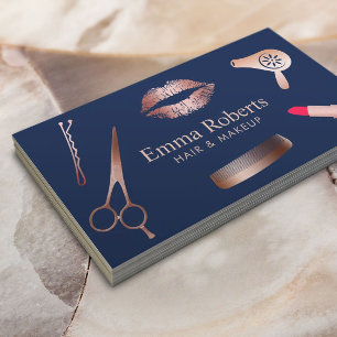 Carte De Visite Maquillage Artiste Hair Salon Chic Rose Gold Navy 