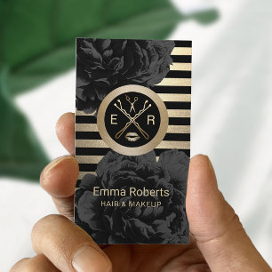 Carte De Visite Maquillage Artiste Hair Styliste Black & Gold Flor