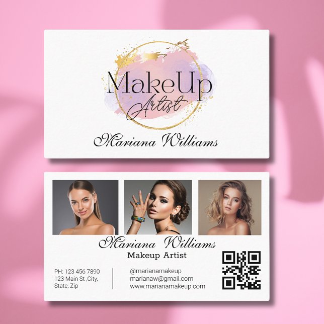 Carte De Visite maquillage artiste logo or rose, code qr 3 photos (Créateur téléchargé)