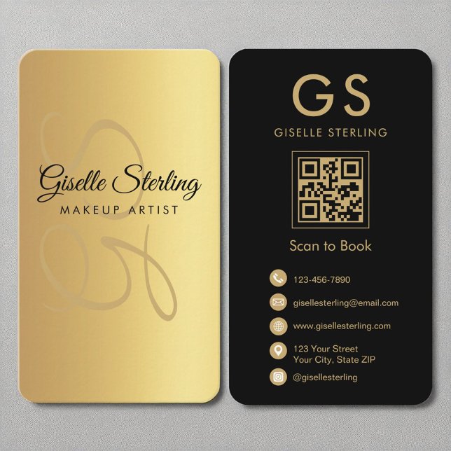 Carte De Visite Maquillage Artiste Monogram Gold Code QR noir (Créateur téléchargé)