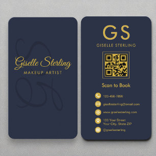 Carte De Visite Maquillage Artiste Monogram Marine Blue Gold QR Co