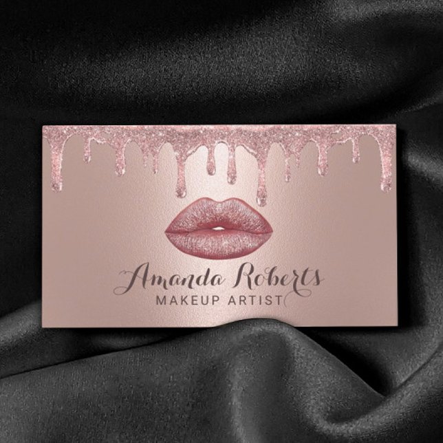 Carte De Visite Maquillage Artiste Rose Gold Drips Glam Lips Salon (Créateur téléchargé)