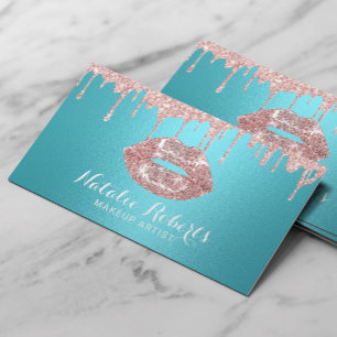 Carte De Visite Maquillage Artiste Rose Gold Drips Turquoise Salon