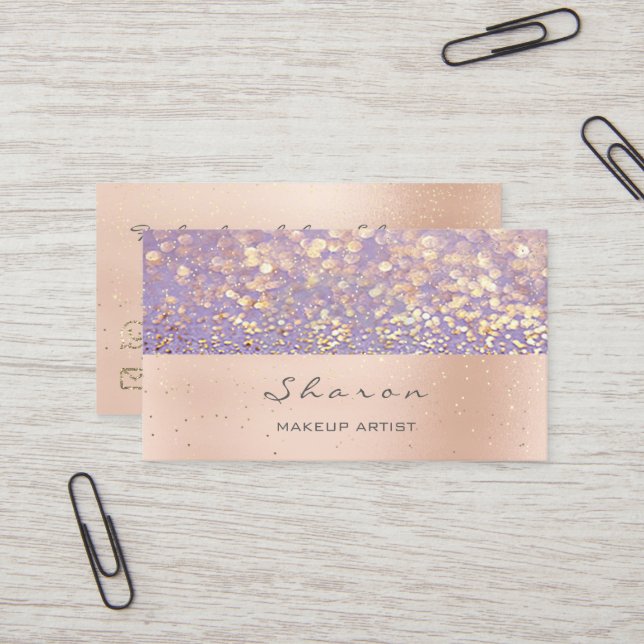 Carte De Visite Maquillage Artiste Rose Parties scintillant Or Pur (Devant/Arrière en situation)