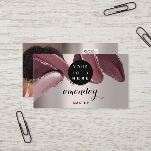 Carte De Visite Maquillage Artiste Rouge Lipstick Photo QR Code Bl (Devant/Arrière en situation)