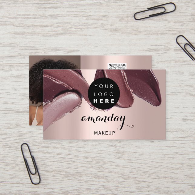Carte De Visite Maquillage Artiste Rouge Lipstick Photo QR Code Gl (Devant/Arrière en situation)
