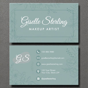 Carte De Visite Maquillage Artiste Turquoise Floral Line Art Scrip