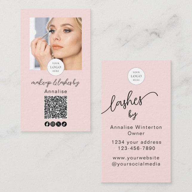 Carte De Visite Maquillage Cils Photo Code QR Logo Écriture Rose É (Devant / Derrière)