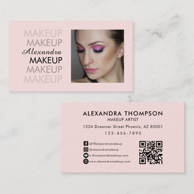 Carte De Visite Maquillage Code Qr Photo Noir Écriture Rose Pâle (Devant / Derrière)