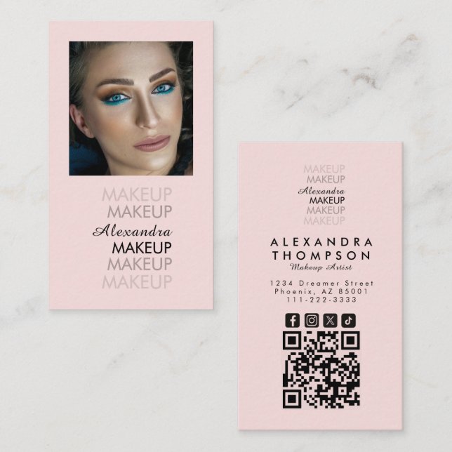 Carte De Visite Maquillage Code Qr Photo Script Rose Pâle Noir  (Devant / Derrière)