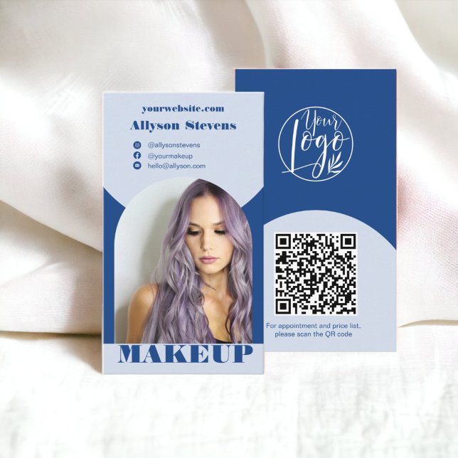 Carte De Visite Maquillage d'arc moderne bleu photo qr code logo (Modern arch makeup blue photo qr code logo business card)
