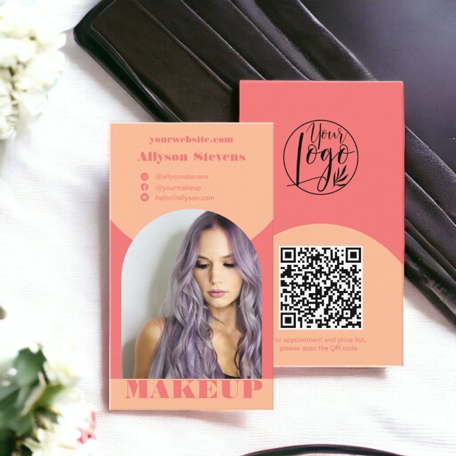 Carte De Visite Maquillage d'arc moderne pêche photo qr code logo (Modern arch makeup peach photo qr code logo business card)
