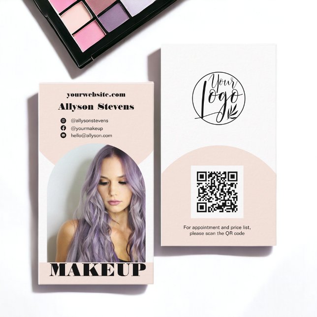 Carte De Visite Maquillage d'arc moderne rose photo qr code logo (Modern arch makeup pink photo qr code logo business card)