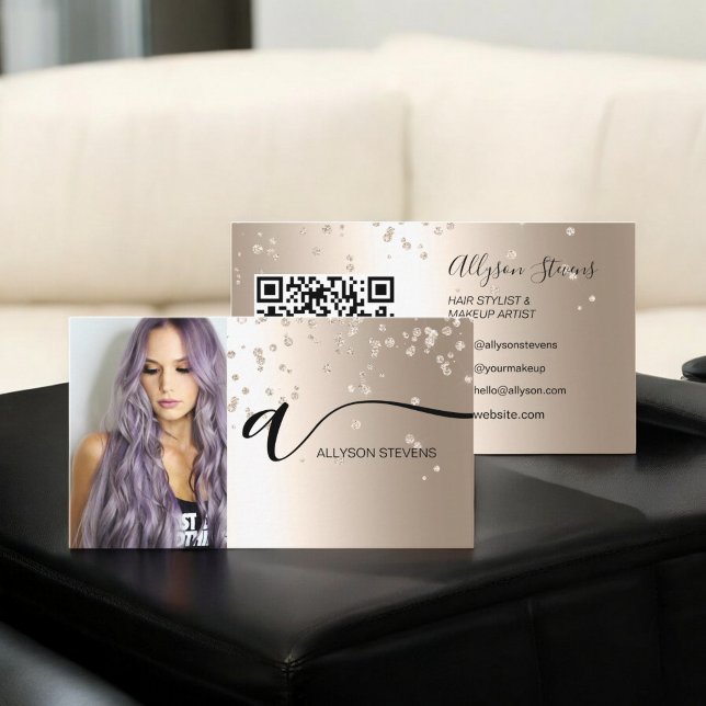 Carte De Visite Maquillage de cheveux en or noir code qr initial (Black gold hair makeup photo initial qr code business card)