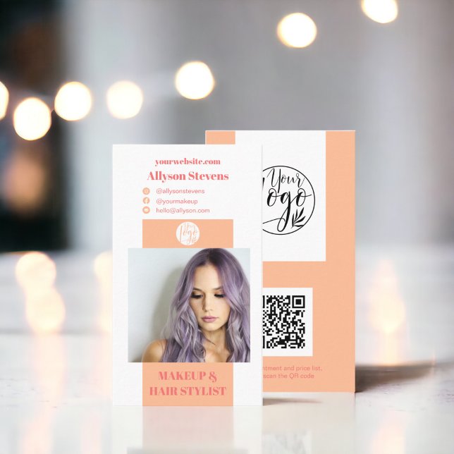 Carte De Visite Maquillage de pêche moderne cheveux photo qr code  (Modern peach makeup hair photo qr code logo business card)