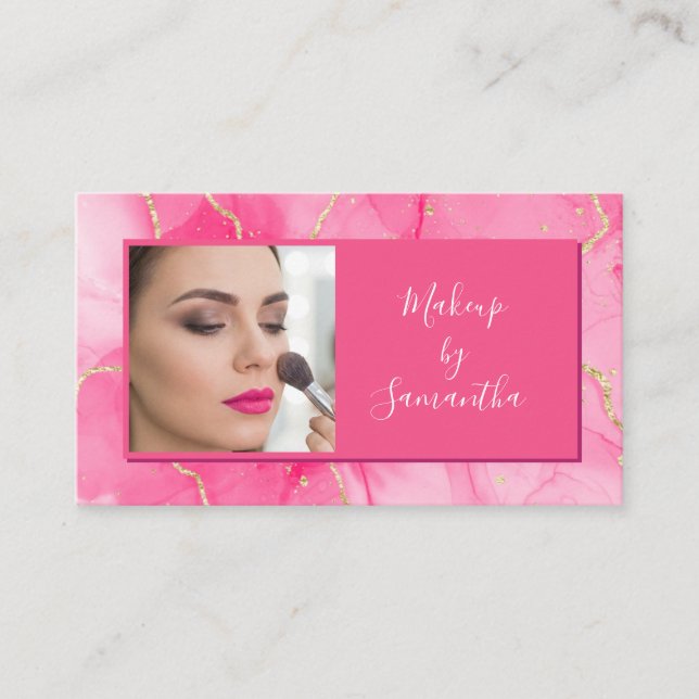 Carte De Visite Maquillage de photo de script en marbre rose chaud (Devant)