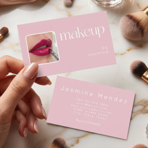 Carte De Visite Maquillage de photo simple typographie rose blanc
