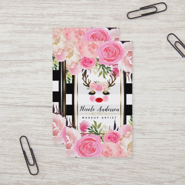 Carte De Visite Maquillage de rennes paillettes dorées yeux floral (Devant/Arrière en situation)