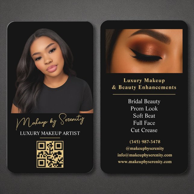 Carte De Visite Maquillage d'or Artiste QR Code Luxury Black Beaut (Créateur téléchargé)